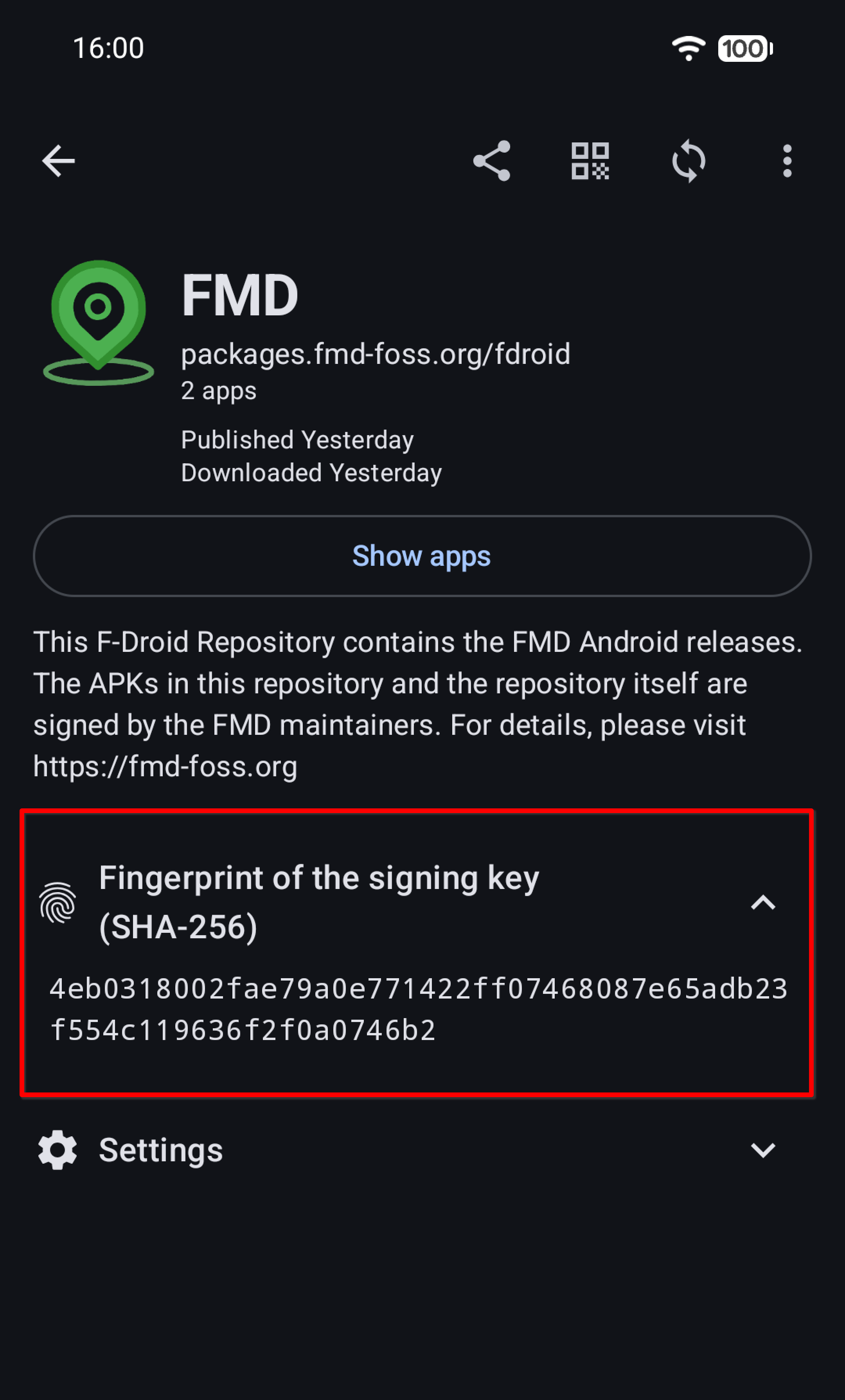 Screenshot of the FMD repository in the F-Droid client app