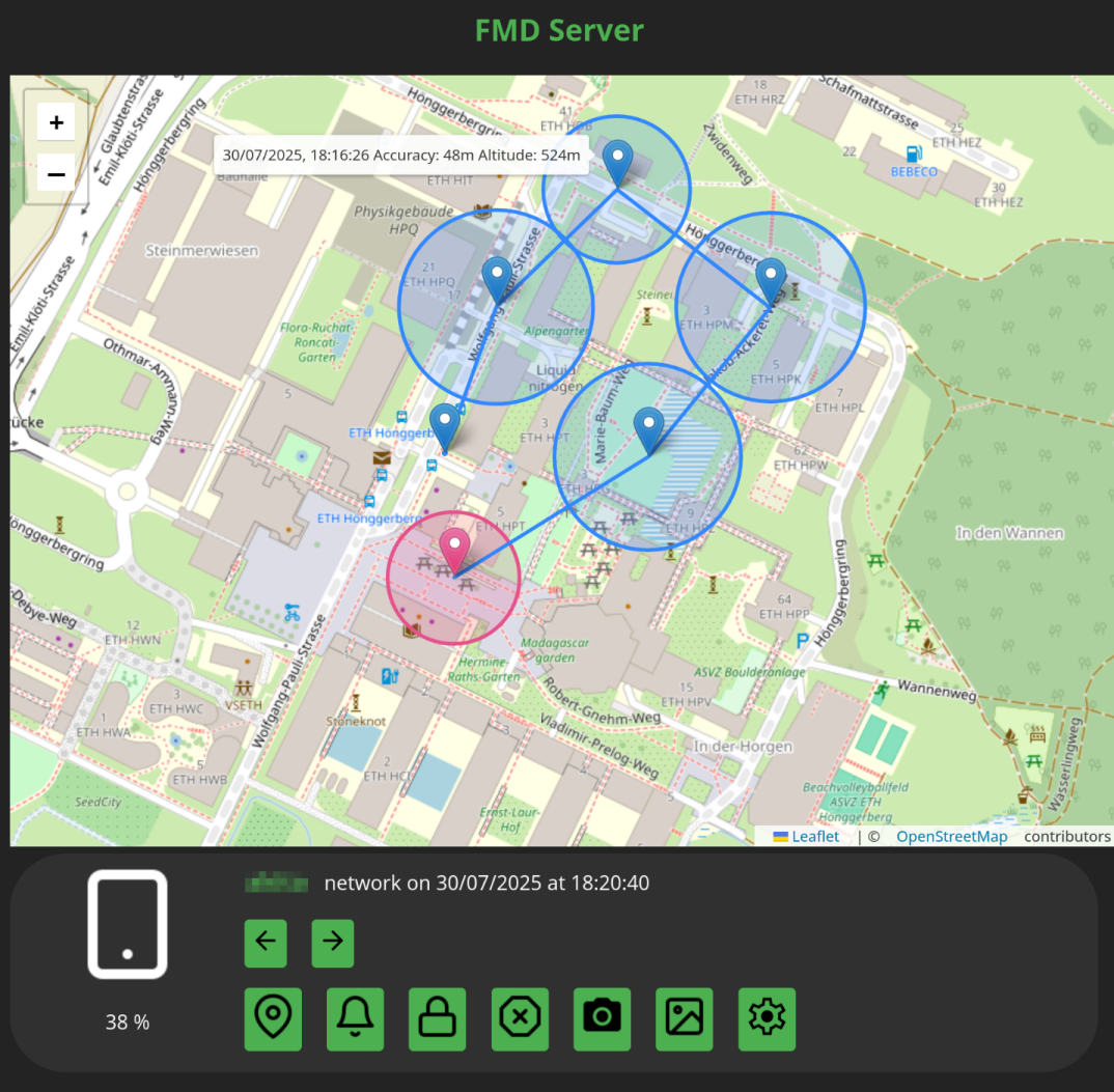 Screenshot of the FMD Server interface showing circles around the location pins