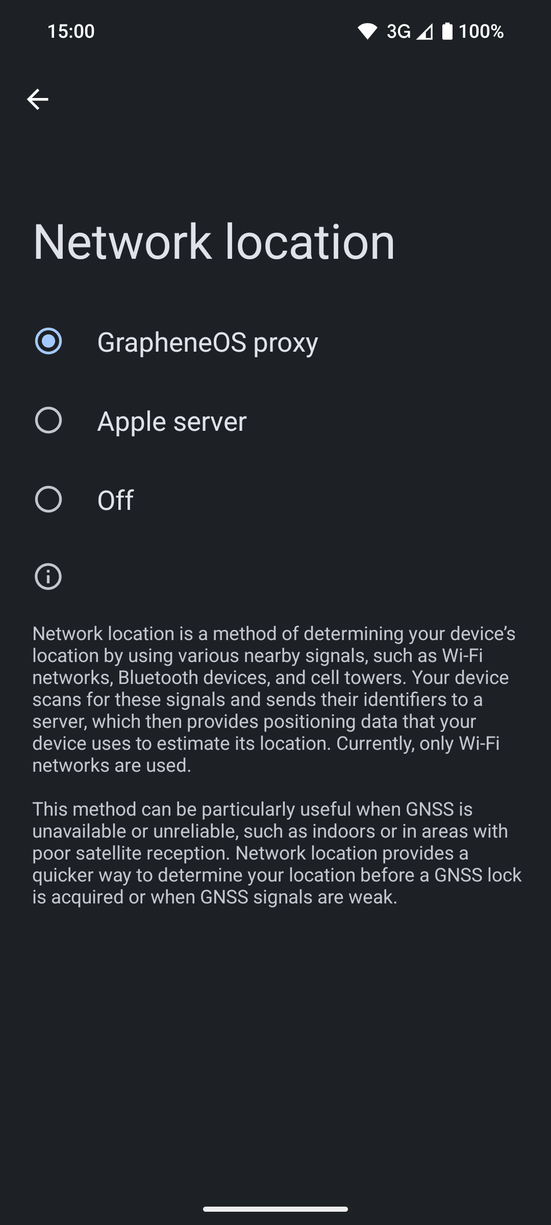 Screenshot of the network location settings in GrapheneOS