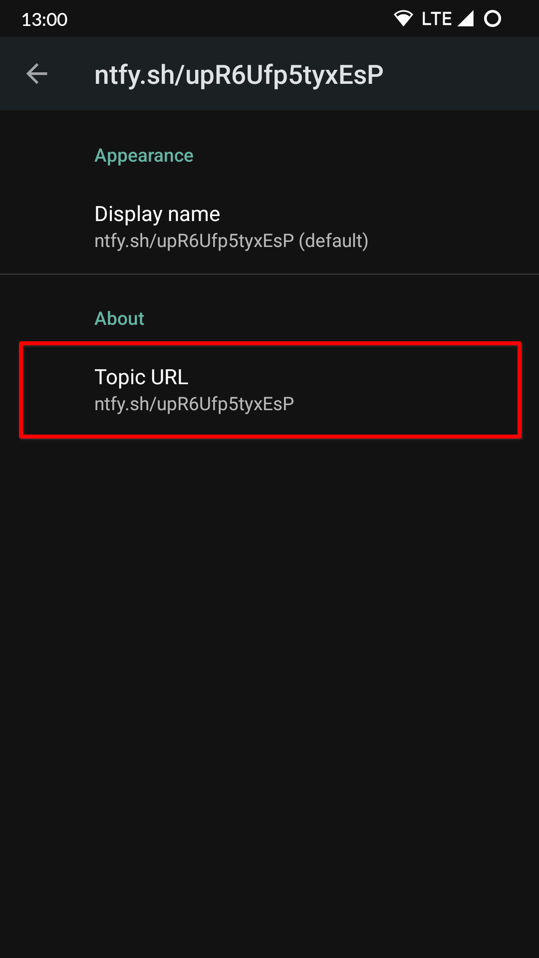 Screenshot of ntfy showing the topic details