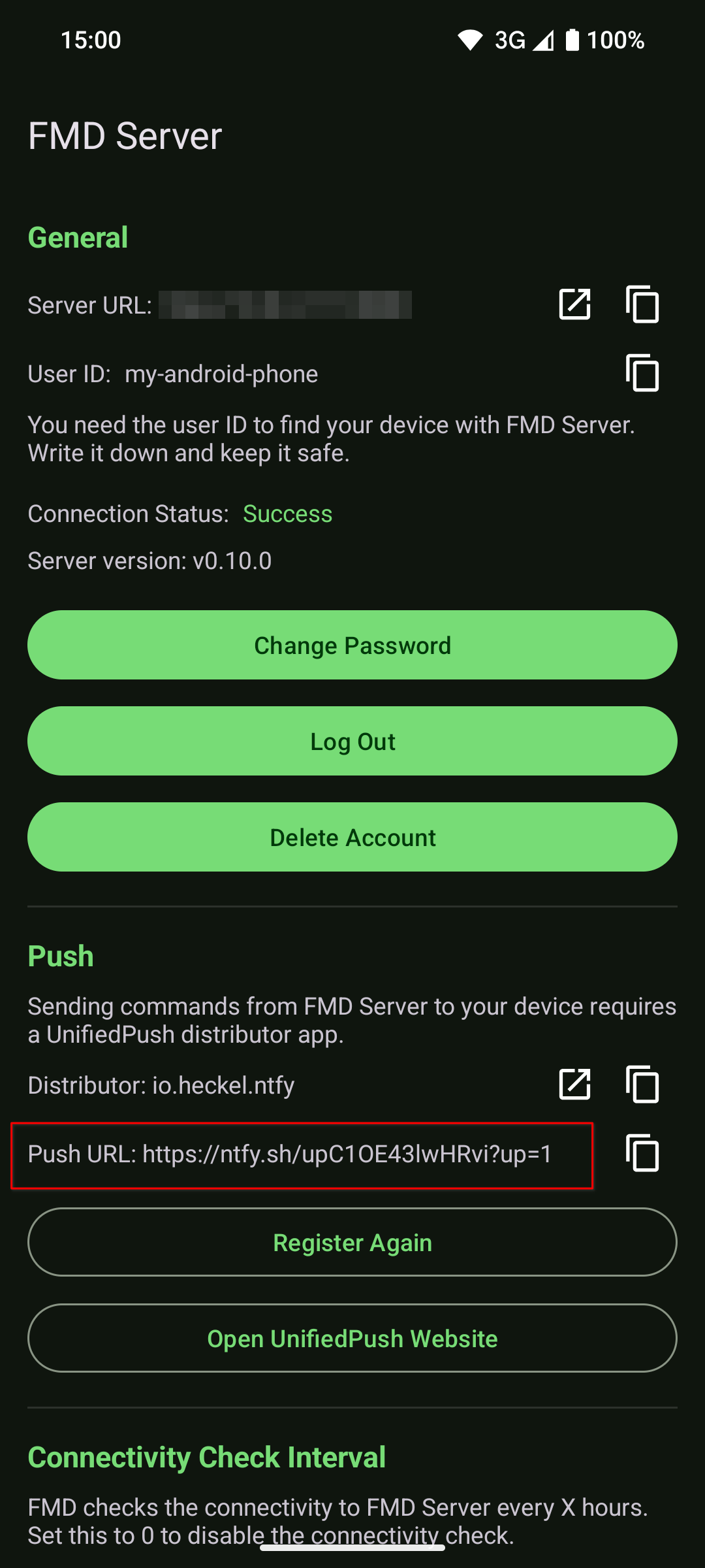 Screenshot of the FMD Android settings showing the push URL