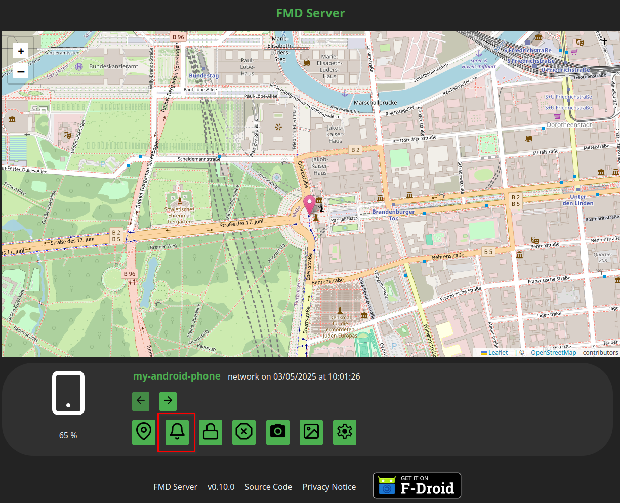 FMD Server interface highlighting the ring button