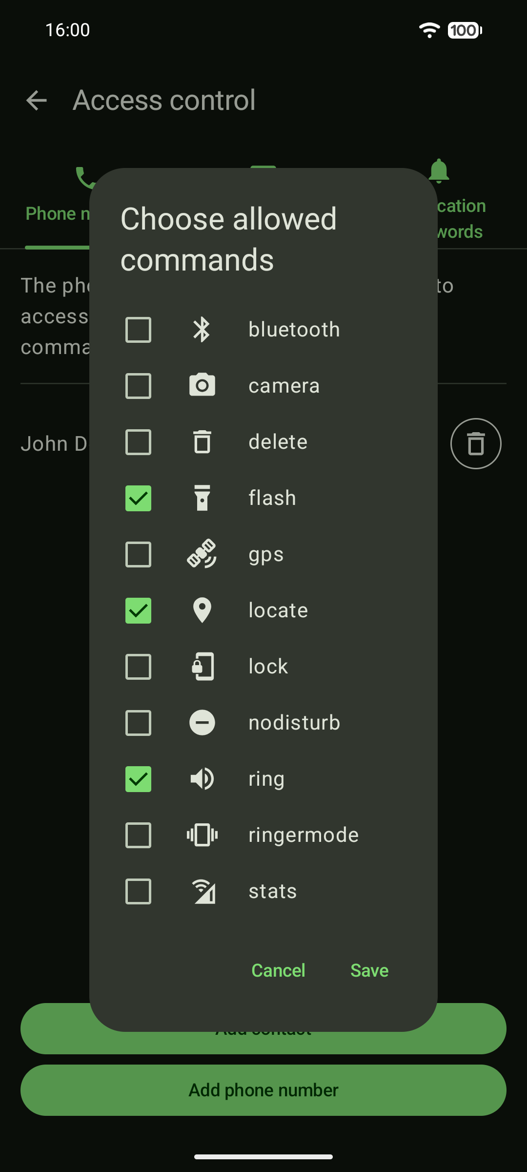 Screenshot of phone number permissions