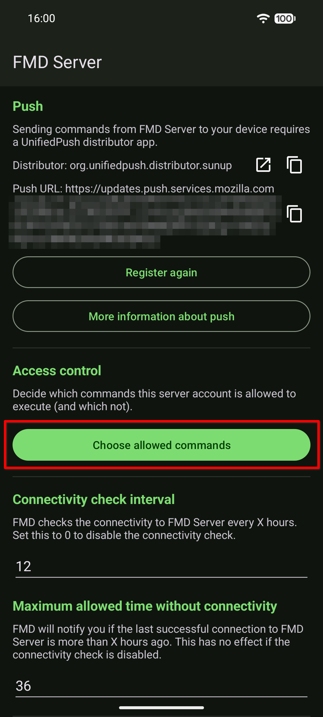Screenshot of FMD server access control button